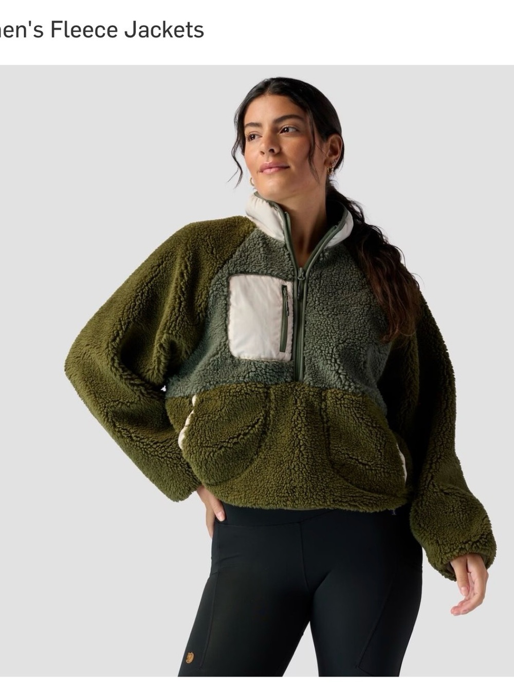 Women’s Olive Green Sherpa Half-Zip Teddy Jacket with Cream Trim
